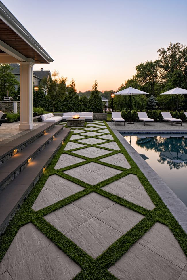 Walkway outside of a house featuring dark grey patio slabs and grass detailing making a diamond pattern.